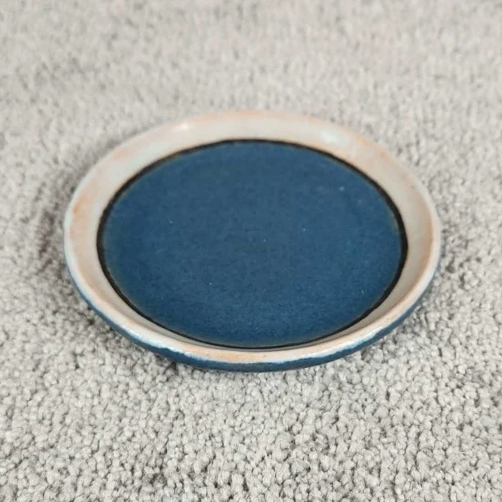 Handmade Pottery Vintage Small Ceramic Trinket Dish Blue‎ Cream Round 4 Inch